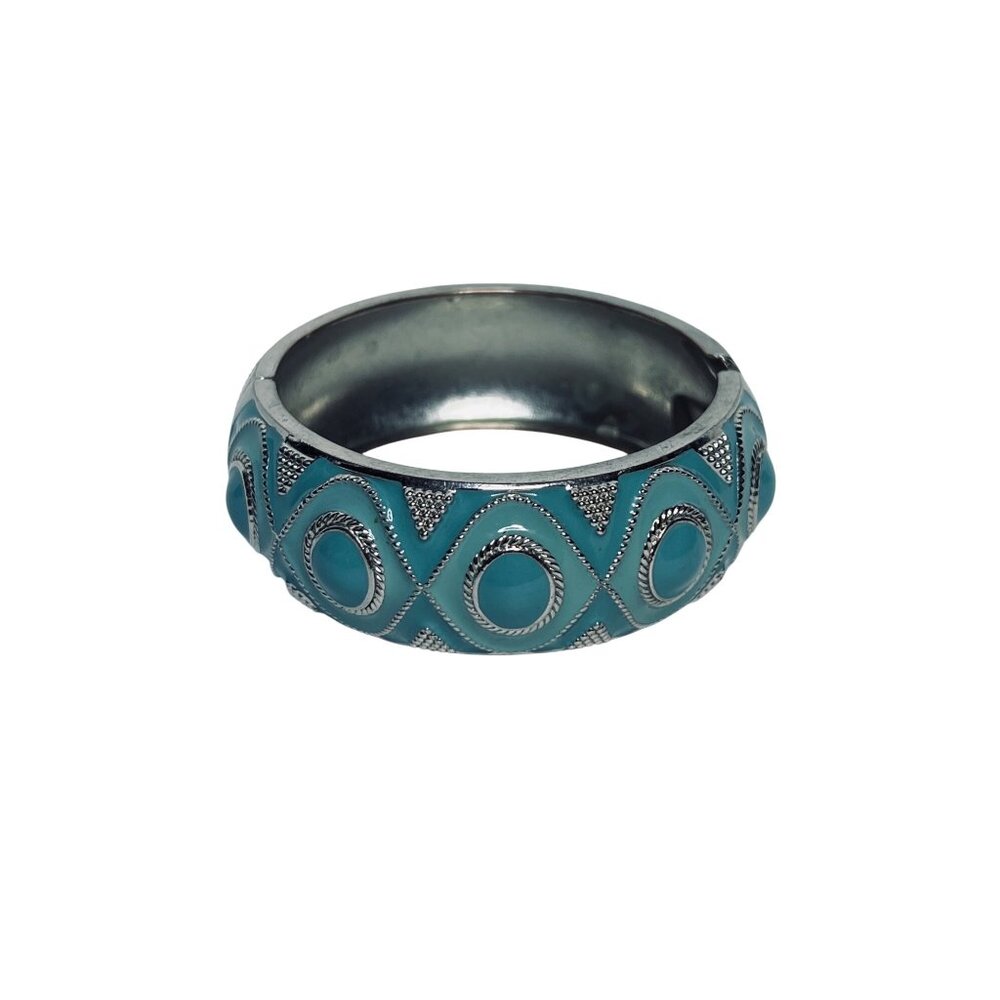 Silver Tone With Blue Enamel Geometric Hinged Bracelet (6150)